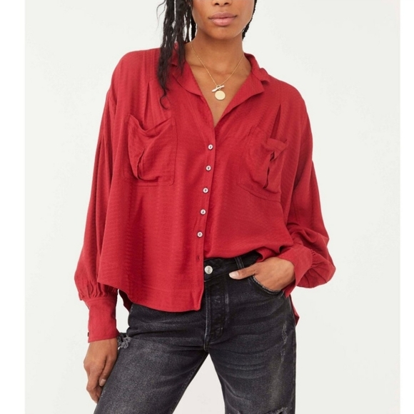 🔴SOLD🔴Free People Erin's Jacquard Oversize Button Front Top Size M - Picture 2 of 7